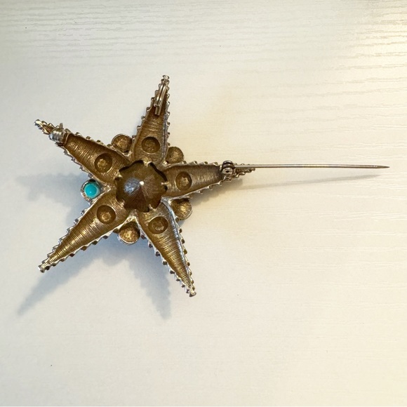 Vintage Large Star Starfish Brooch Pin Gold Tone Cabochon Turquoise Faux Pearl - Picture 4 of 8